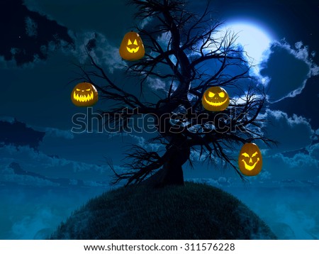 Halloween design - Forest pumpkins. Horror background with autumn valley with woods, spooky tree, pumpkins and spider web. Space for your Halloween holiday text.
