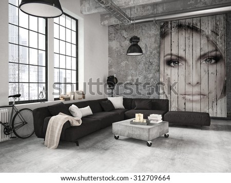living room of a penthouse placed in loft. 3d rendering