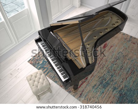 a black piano in a modern living room. 3d rendering