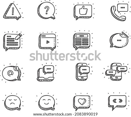 Message bubbles and chat icons, question message, exclamation or alert sign, mobile messaging, communication. Vector doodle sketchy icons set.