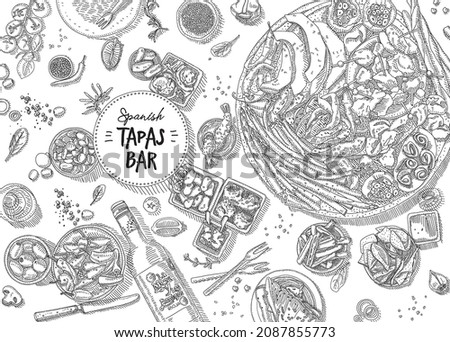 Spanish tapas bar. The frame with the mixed spanish traditional food dishes. Sketchy hand-drawn vector illustration. 