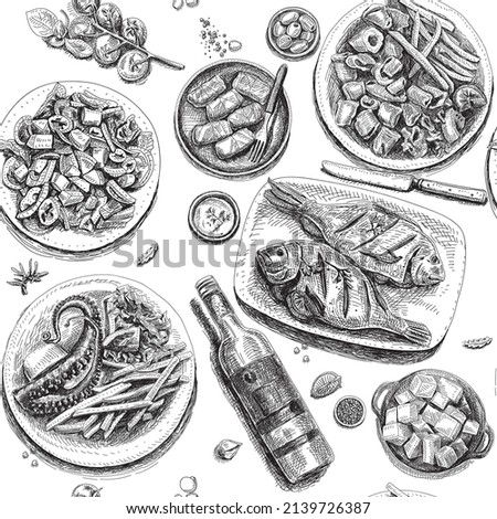 Greek food. Seamless pattern. Sketchy vector hand-drawn illustrations.