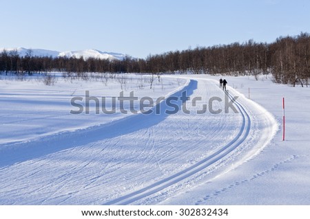LAPLAND, SWEDEN ON MARCH 16. Unidentified cross-country skiers run along a track on March 16, 2015 in Lapland, Sweden. Bright sunny afternoon, well prepared tracks.