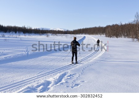 LAPLAND, SWEDEN ON MARCH 16. Unidentified cross-country skiers run along a track on March 16, 2015 in Lapland, Sweden. Bright sunny afternoon, well prepared tracks.