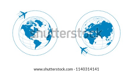 plane with globe and dotted path on white background. Vector illustration.