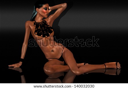 Wet hair woman lying on floor.  A sensual modern day siren displays her beautifully toned bronzed body in a captivating pose that leaves one floored again by such perfection.