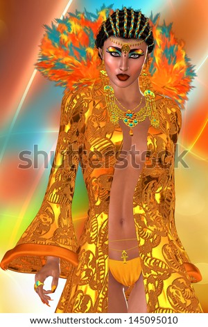 Orange Robe, Abstract Background.This is a rendition of a gorgeous woman dressed in an exquisite orange robe enhanced with a set of opulent feathers and matching panties on an abstract background.