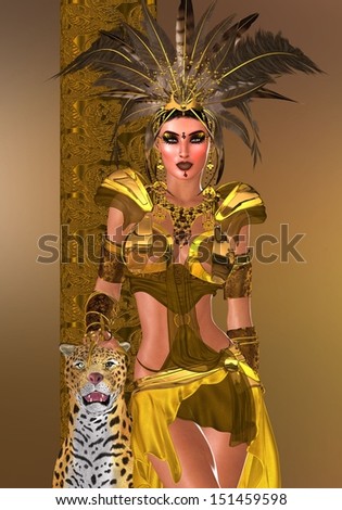 Feather headdress on beautiful fashion model in a metallic gold outfit posing with a leopard.   Suitable for depicting beauty, power and fashion design.