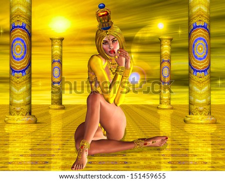 Temple of Heaven. An Egyptian Goddess sits on the golden floor of the temple of heaven, waiting to greet new arrivals. A Yellow abstract background with multiple suns sets the mystical mood of fantasy