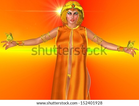 Sun Goddess. On an orange abstract background stands an Egyptian sun goddess with her arms open and butterflies resting on each hand .  Wearing a gold Egyptian crown and jewelry to accent her power.