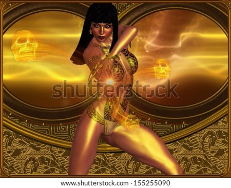 Scorpion Queen.  A mystical woman conjures up a magic sphere of light while skulls float ominously in the golden sky background.