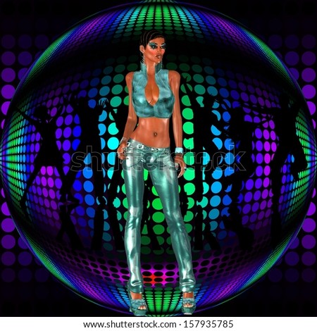 Disco ball.  A sexy club girl stands before a retro disco dance ball with the silhouette of dancers on a multicolored textured background.  good for party, club, celebration, music or DJ themed event.