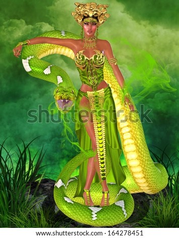 Green snake goddess. A fantasy depiction of a mystical goddess with the power over snakes is set against a green background with eerie smoke and lights to enhance the magical mood.