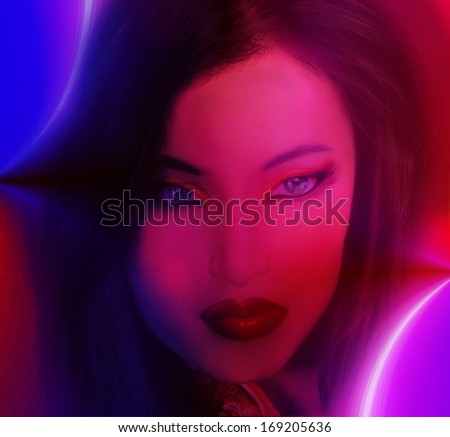 Woman in red, abstract face close up.  An artistic, abstract rendering of a womans face close up.