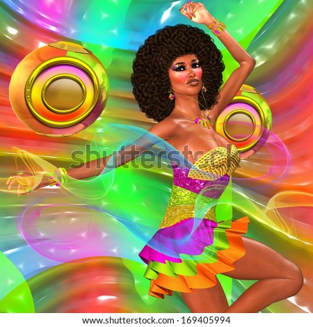 Disco dancing girl on abstract background with two gold speakers.  She dances to the dj music with her retro afro and short skirt making a fashion statement.