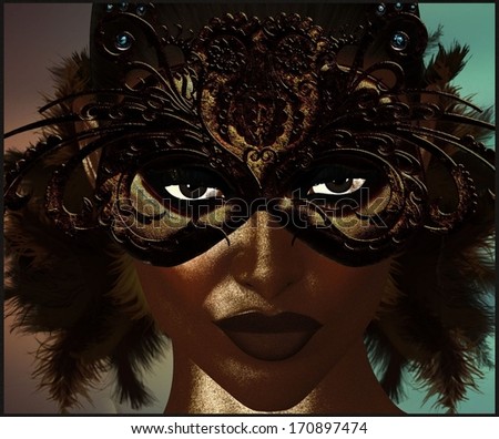 Masquerade mask with feathers covering the face of a beautiful woman.  Her piercing eyes are accentuated even more through the dark brown, feather mask she is wearing for the masquerade party.