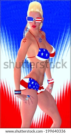 4Th Of July - Sexy,Blonde American Girl in stars and stripes bikini. American flag sunglasses and dangling star earrings. A red, white and blue background sets the stage for this healthy and fit body.