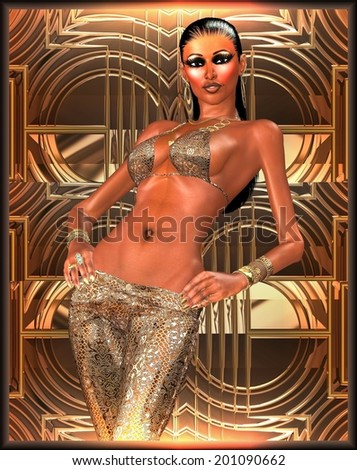 Wet hair suits this exotic woman in a metallic snakeskin fashion outfit.  A gold metallic background enhances the look of her healthy and fit body.  The Metallic Snakeskin Girl.