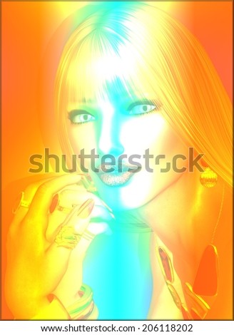 A beautiful strawberry blonde girl on a colorful abstract background poses with an alluring expression.  The glowing gradient effect adds even more to her natural health and beauty look.