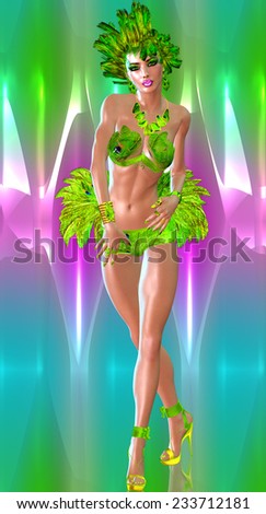 A carnival style dancer woman in green feathers and headdress dances in front of a colorful abstract background that matches her outfit. Perfect for party scenes, celebration,beauty and fashion themes