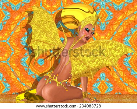 A woman with gold wings, thong and crown is depicted in this fantasy digital art scene. Kneeling on the floor she looks over her back at you. Set on an abstract gold,turquoise and orange background.