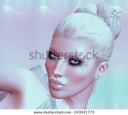 Elegant woman in evening attire,close up.  Diamonds, pearls and unique cosmetics adorn this blonde beauty ready for an evening of sophistication.