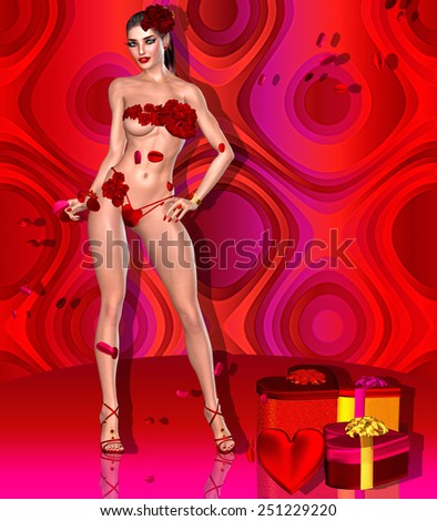 Valentines day gifts in heart shaped boxes rest at the feet of a sensual woman wearing a red rose bra and string bikini. Long legs and high heels all in front of an abstract red background with swirls