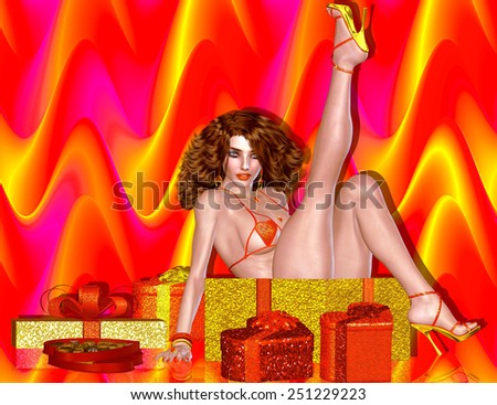 Heart shape Valentines day gift boxes on the floor with a sexy woman sitting in one of them. Long legs, high heels, a heart shaped bikini top and brunette hair all against a wavy abstract background.