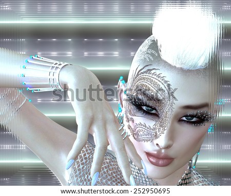 Dragon tattoo sci fi girl with futuristic outfit, Mohawk hairstyle and glowing abstract background. A white backdrop with glowing light effect enhances this modern digital art image.