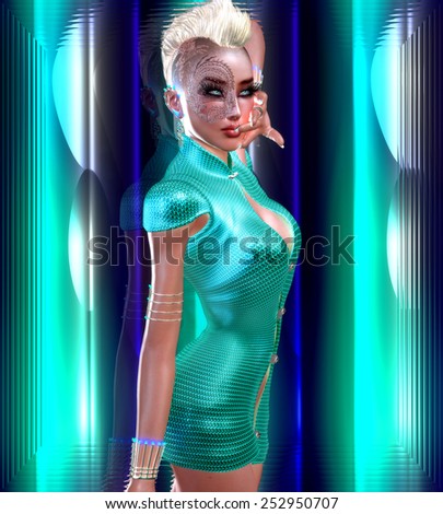 Dragon tattoo sci fi girl with futuristic outfit, Mohawk hairstyle and glowing abstract background. A white,turquoise and blue backdrop with glowing light effect enhances this modern digital art image