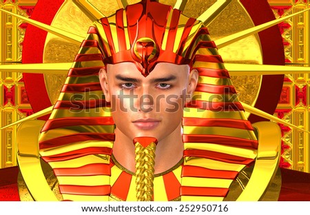 Egyptian Pharaoh Ramses. A modern digital art version of an ancient Egyptian king. A brilliant gold background exudes the wealth and power of Egypt,use for King Tut, Ramses II or any Egyptian pharaoh.
