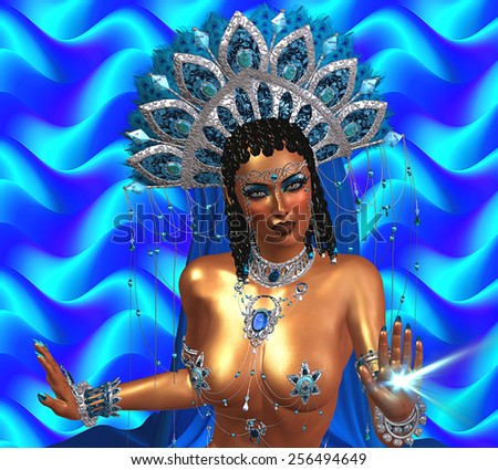 Asian woman with healing light coming from her hand. Beautiful face, cosmetics, diamonds and jewelry adorn this Asian girl, all set against an abstract blue background with wave pattern.