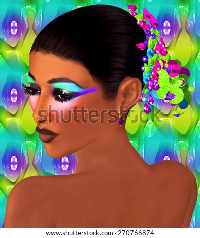 Digital art model with colorful floral hair pin, makeup and matching abstract background. Beautifully tan skin with a healthy glow, this image radiates a strong sense of fashion and beauty.