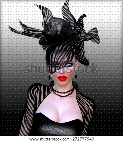 Modern digital art beauty and fashion scene of a black lace veil and hat on a woman with red lipstick. A unique grey scale background completes this fashion and beauty look.