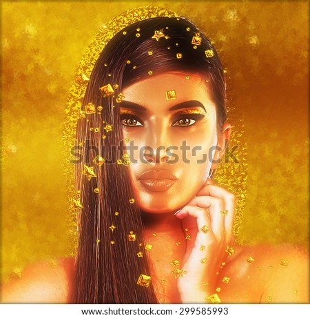 Gold glitter and foil fall around this girl with long brunette hair in this beautiful, unique, digital art creation. Perfect for expressing, health, wealth, beauty, fashion and make up  themes.