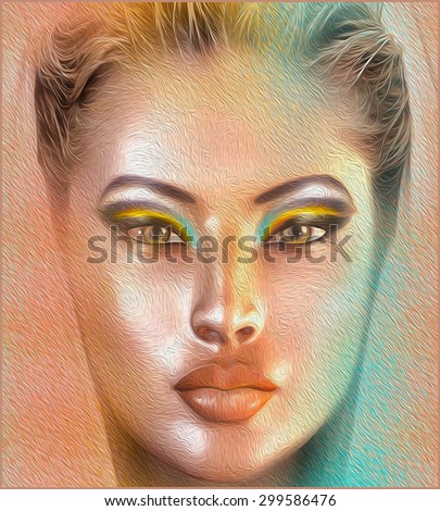 Woman\'s face and cosmetics close up in our modern digital art style. Beauty and fashion in a 3d render.