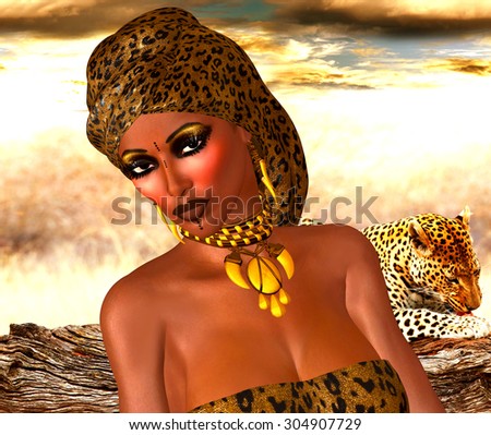 African American Woman in Leopard Print Fashion with Beautiful Cosmetics and Head Scarf. Modern Vogue Pose. A gold abstract background with glowing lights enhances this fashion scene.