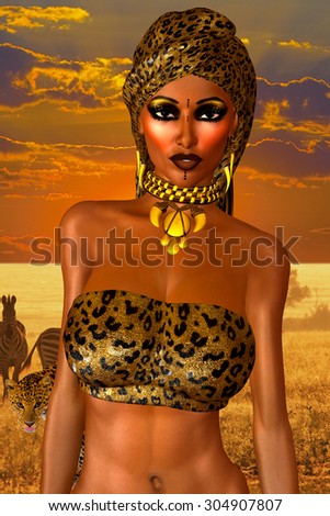 African American Woman in Leopard Print Fashion with Beautiful Cosmetics and Head Scarf. Modern Vogue Pose. A gold abstract background with glowing lights enhances this fashion scene.