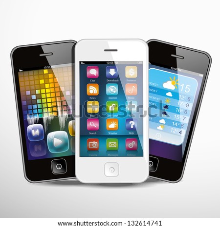 Three touchscreen smartphones with applications on screens. Vector illustration.