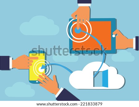 Cloud Computing flat design. Devices connected to the cloud. Hand touching . 