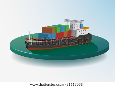 Container ship on water area, vector Color Illustration.