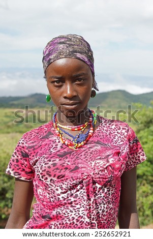 YABELO, ETHIOPIA - NOVEMBER 22, 2014: Portrait of a young Ethiopian woman on November 22, 2014 in Yabelo, Ethiopia, Africa