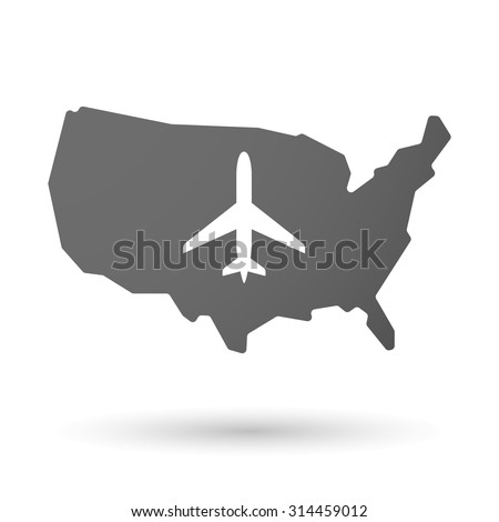 Illustration of an isolated USA map icon with a plane
