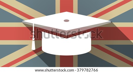 Illustration of a long shadow UK flag icon with a graduation cap