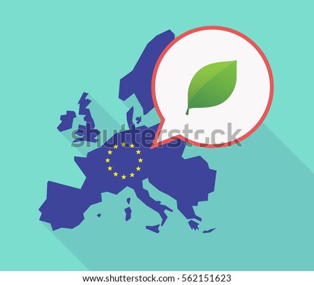 Illustration of a long shadow EU map with a comic balloon and a green  leaf