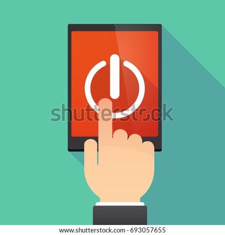 Illustration of a hand touching a tablet PC with an off button