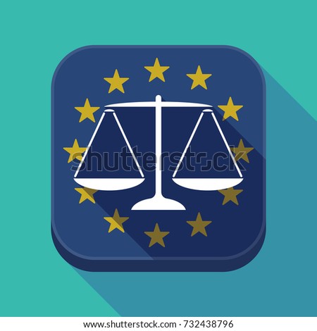 Illustration of a long shadow European Union flag square rounded corners button with a justice weight scale sign