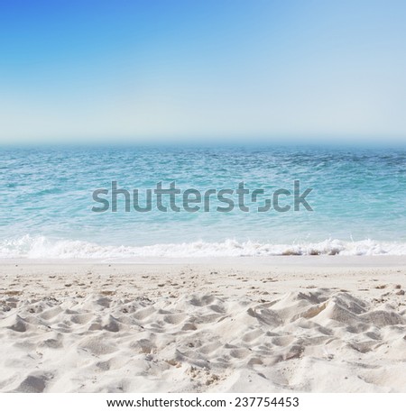 Tropical background with white sand beach, blue sea and perfect sky