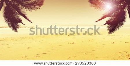 Shiny tropical beach landscape. Coconut palm tree, sandy beach and ocean. Design banner background.
