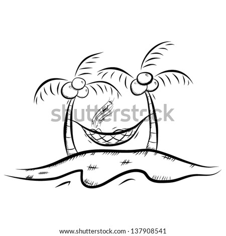 Island And Two Coconut Tree With Man Relaxing On Hammock And Sing A ...